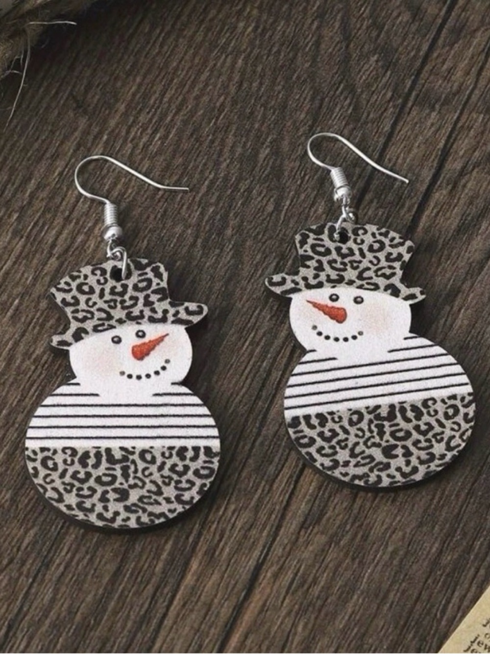 Christmas Leopard Print Snowman Drop Earrings Striped Pattern Wooden Dangle